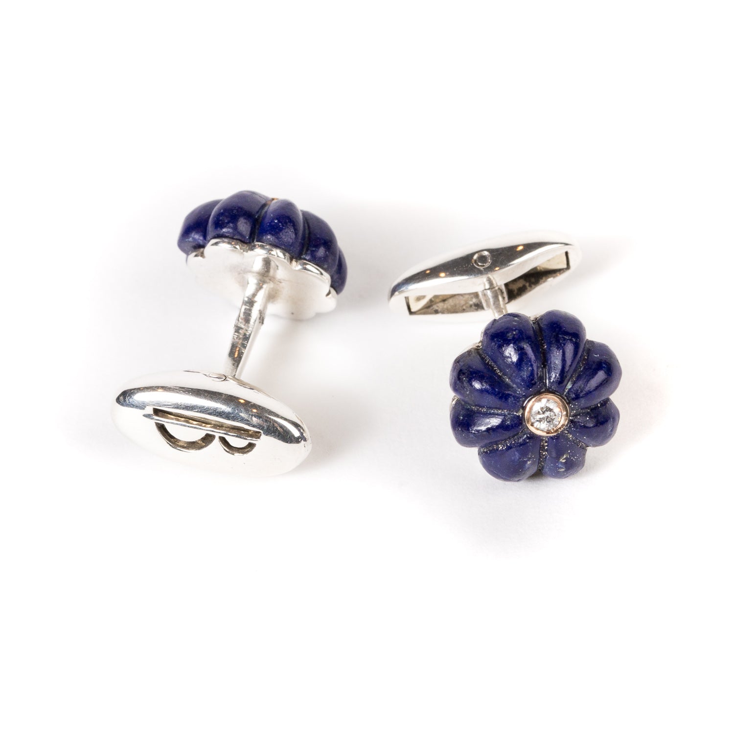 Manschettenknopf "Lapislazuli Flower Diamond" aus Sterling Silber - reine Handarbeit